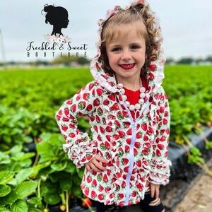 Freckled & Sweet Boutique Strawberry Print Ruffled Hoodie zip up 6-12 months